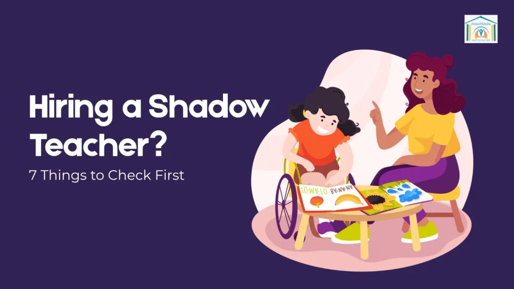 Qualified shadow teacher supporting a special needs child with classroom activities at a school desk.